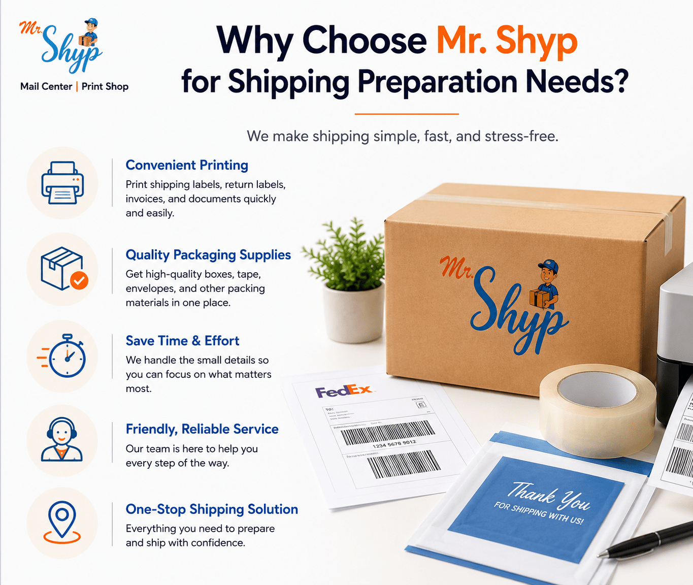 Why choose Mr. Shyp for shipping preparation, including convenient printing, quality packaging supplies, time savings, reliable service, and one-stop shipping solutions.