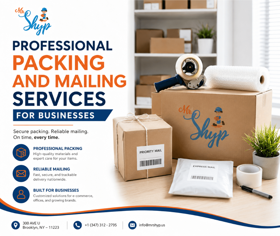 Professional packing and mailing services for businesses by Mr. Shyp, featuring secure packaging, reliable mailing, and business shipping solutions.