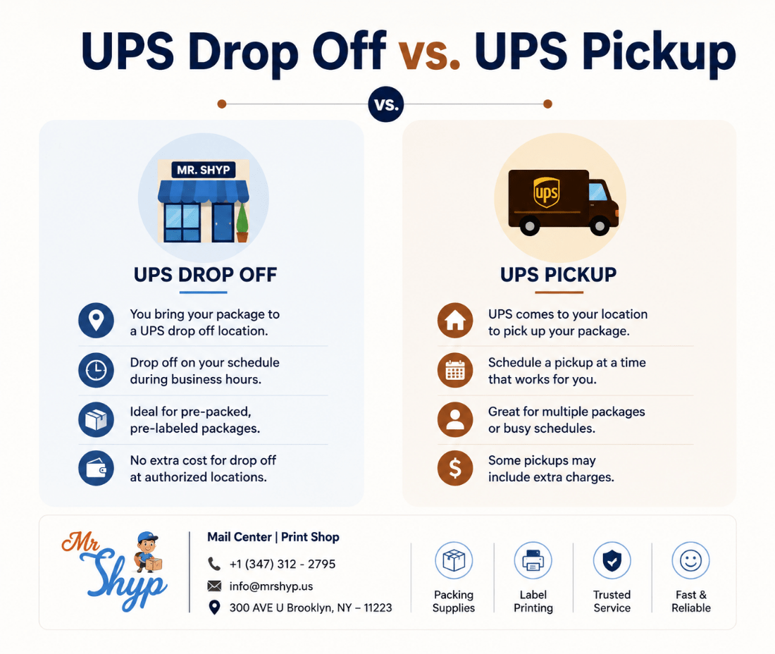 UPS Drop Off vs. UPS Pickup – simple comparison showing how each shipping option works.