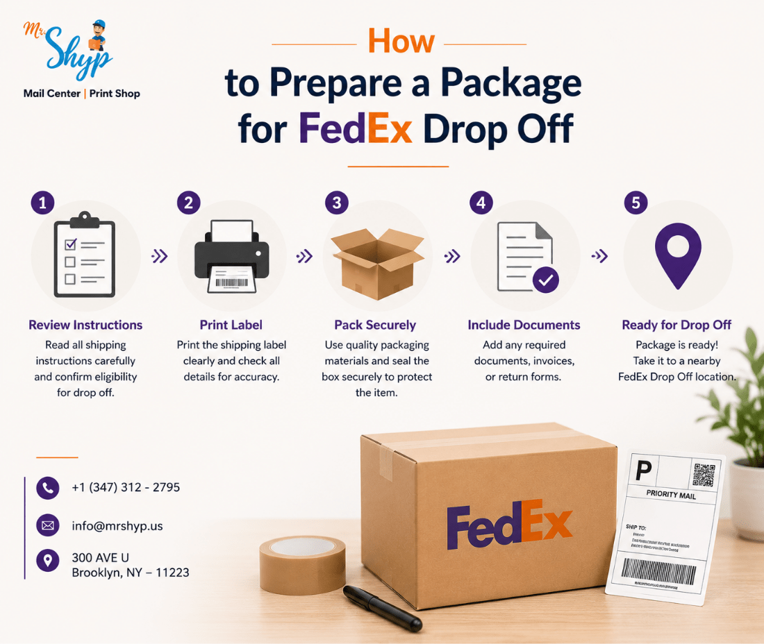 How to prepare a package for FedEx Drop Off in five simple steps.