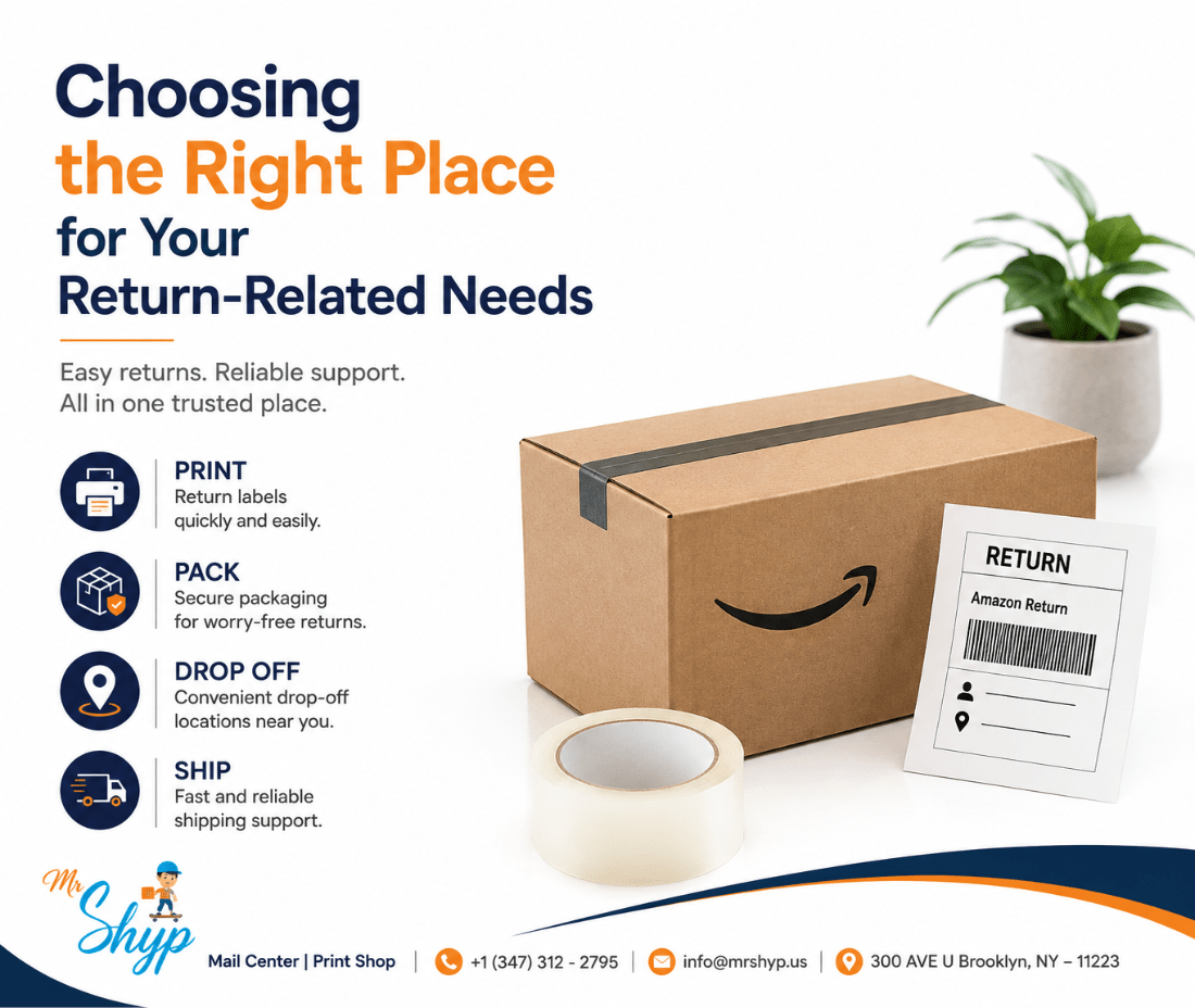 Choosing the right place for Amazon return services, including printing, packing, drop-off, and shipping