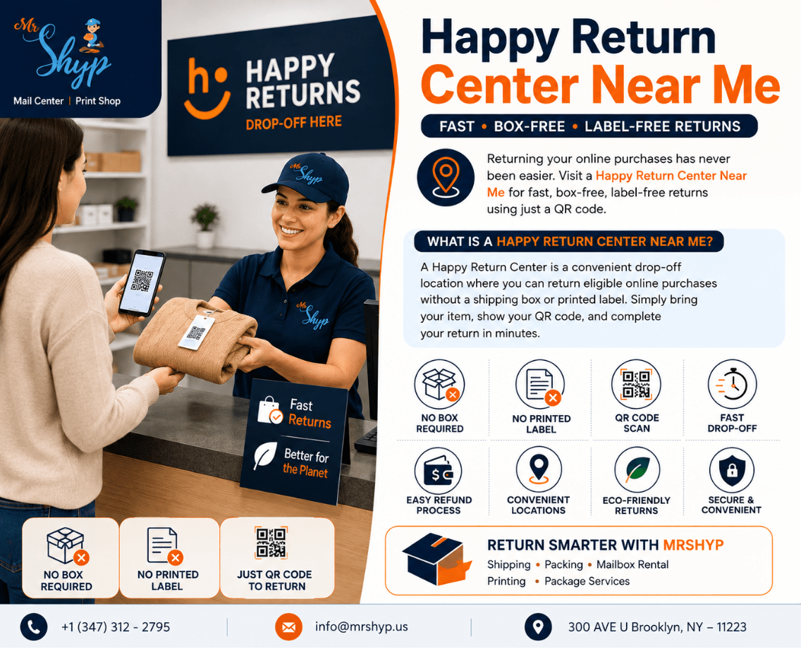 Happy Returns Center Near Me infographic with easy return steps and Mr. Shyp shipping services