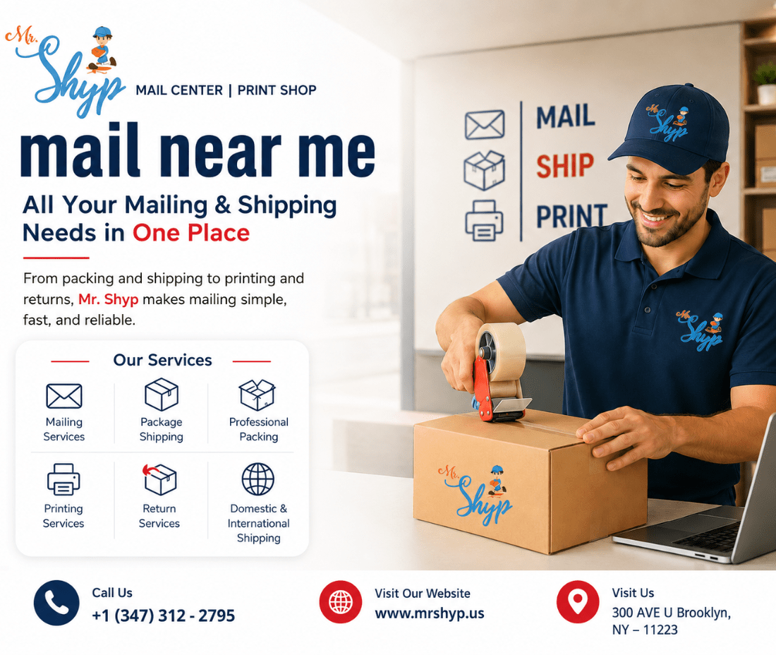 Mr. Shyp mail center and print shop offering mailing, shipping, packing, printing, and return services