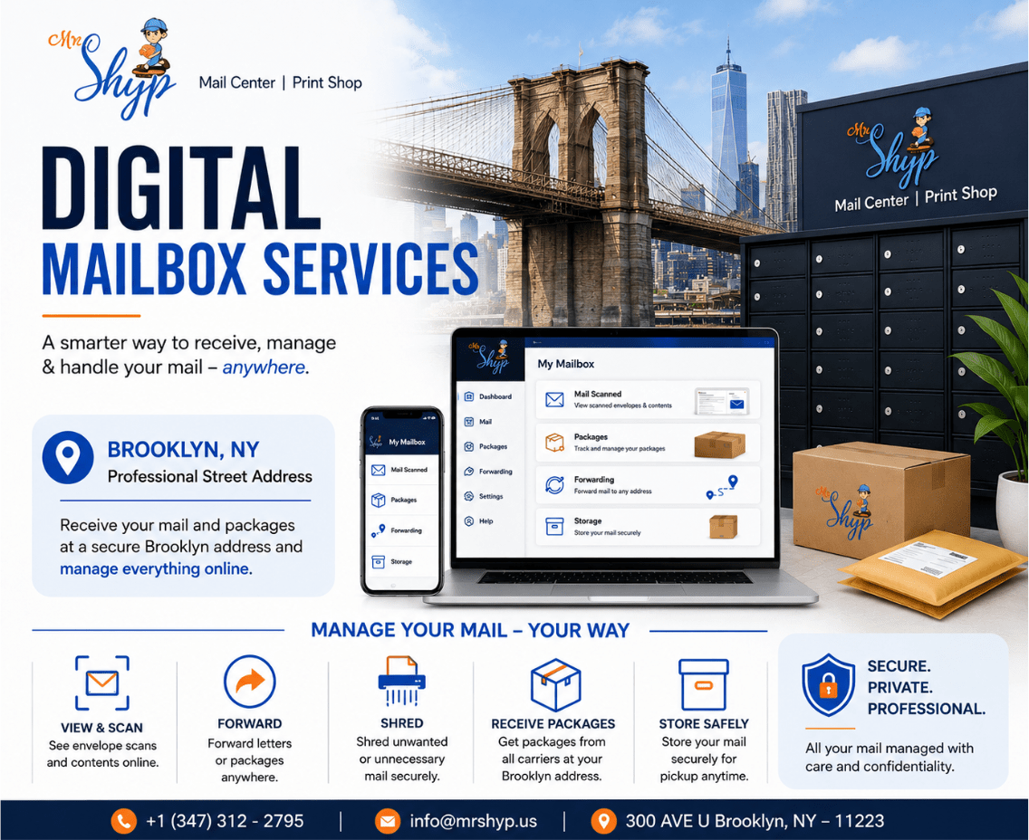Digital Mailbox Services in Brooklyn NY with secure mail receiving, scanning, forwarding, shredding, and package management by Mr. Shyp