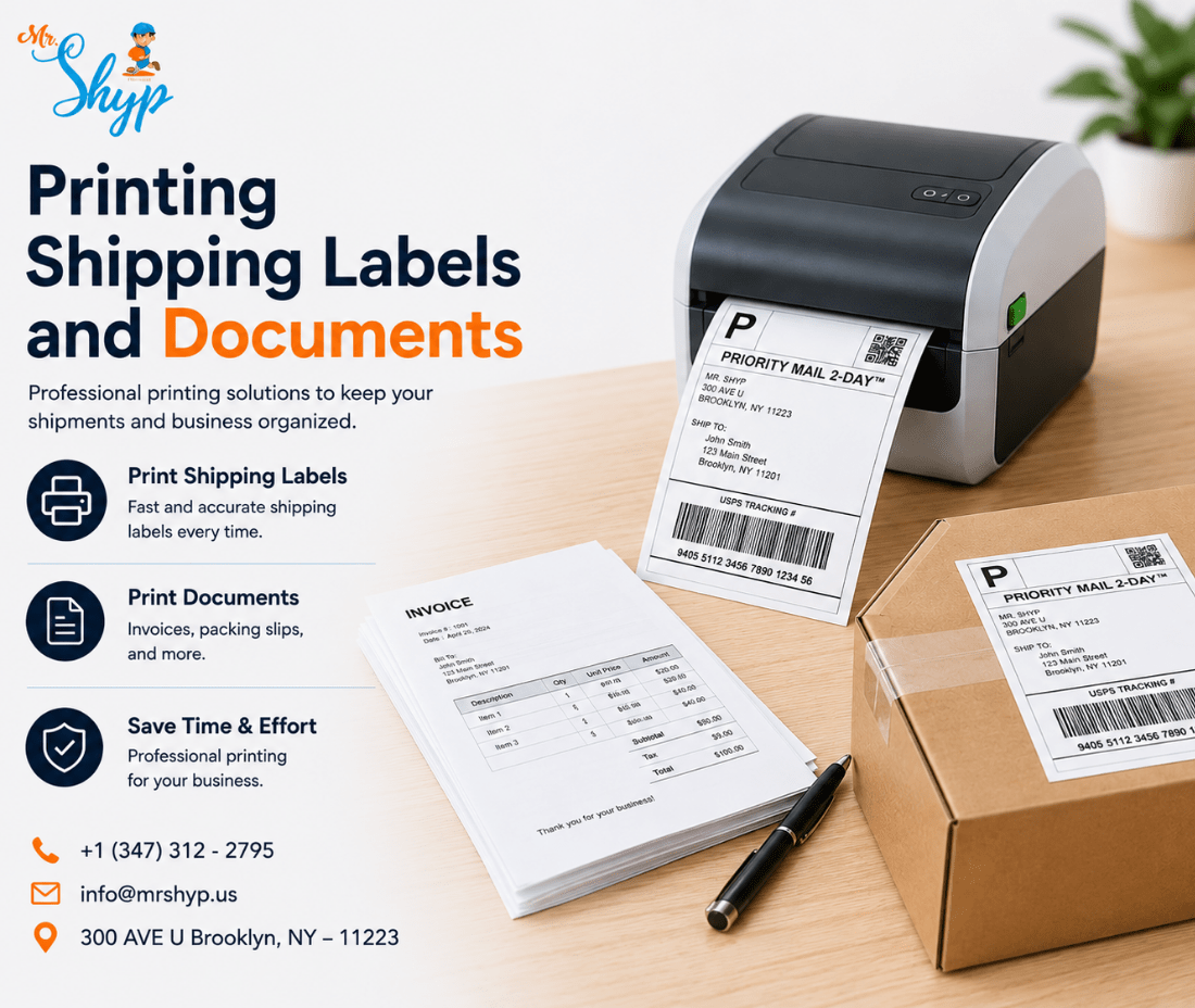 Mr. Shyp printing shipping labels and business documents with a label printer, invoices, and a shipping package.