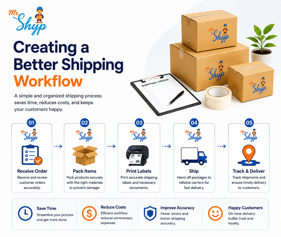 Mr. Shyp shipping workflow infographic showing order receiving, packing, label printing, shipping, tracking, and delivery.
