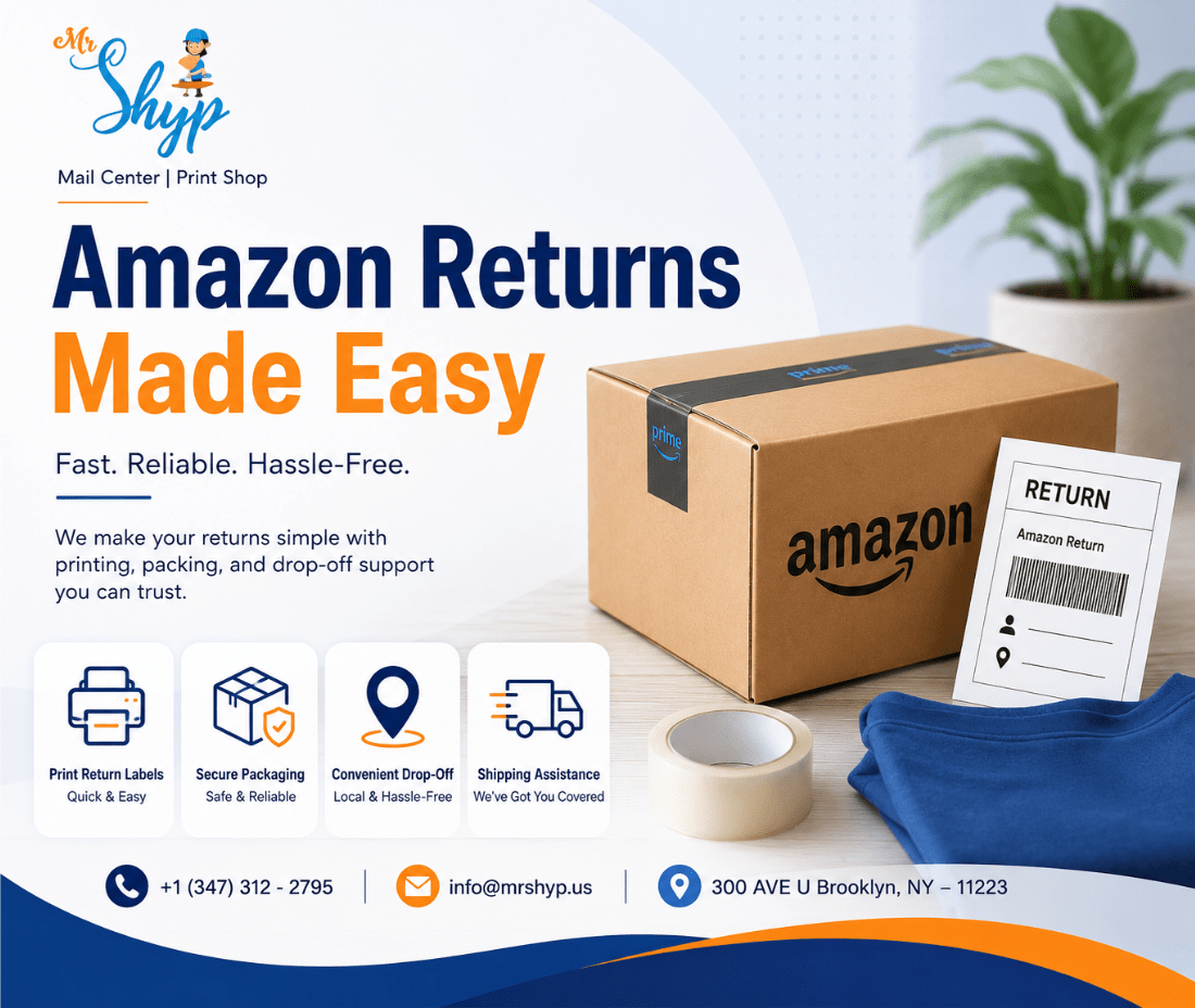 Amazon Return Services with printing, packaging, shipping, and drop-off support