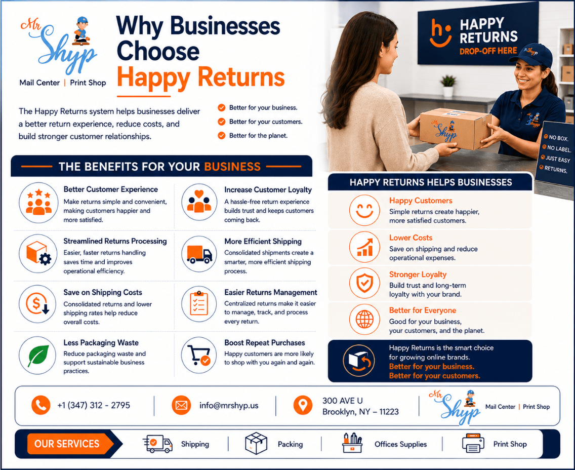 Why Businesses Choose Happy Returns infographic highlighting the benefits of Happy Returns and Mr. Shyp shipping services