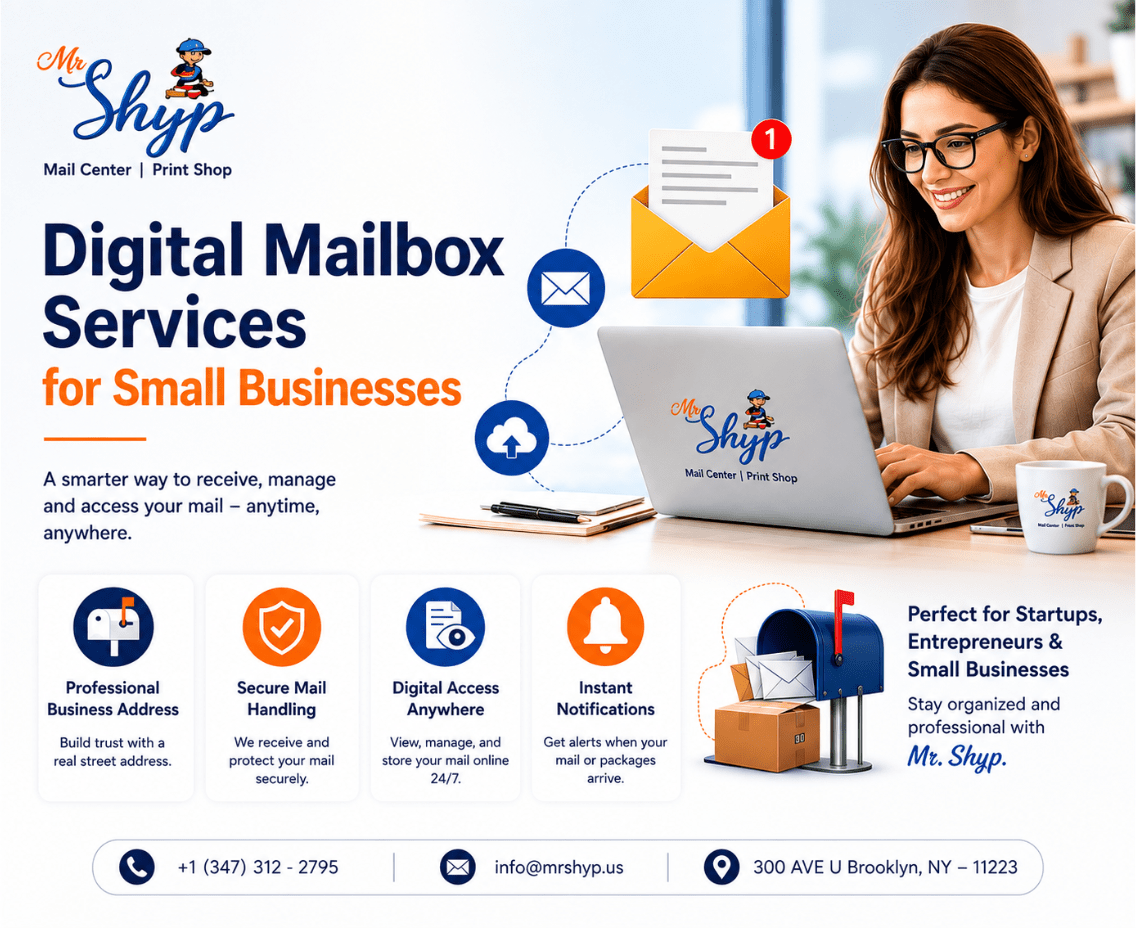 Digital mailbox services for small businesses by Mr. Shyp, offering secure mail handling, digital access, professional business address, and instant notifications.