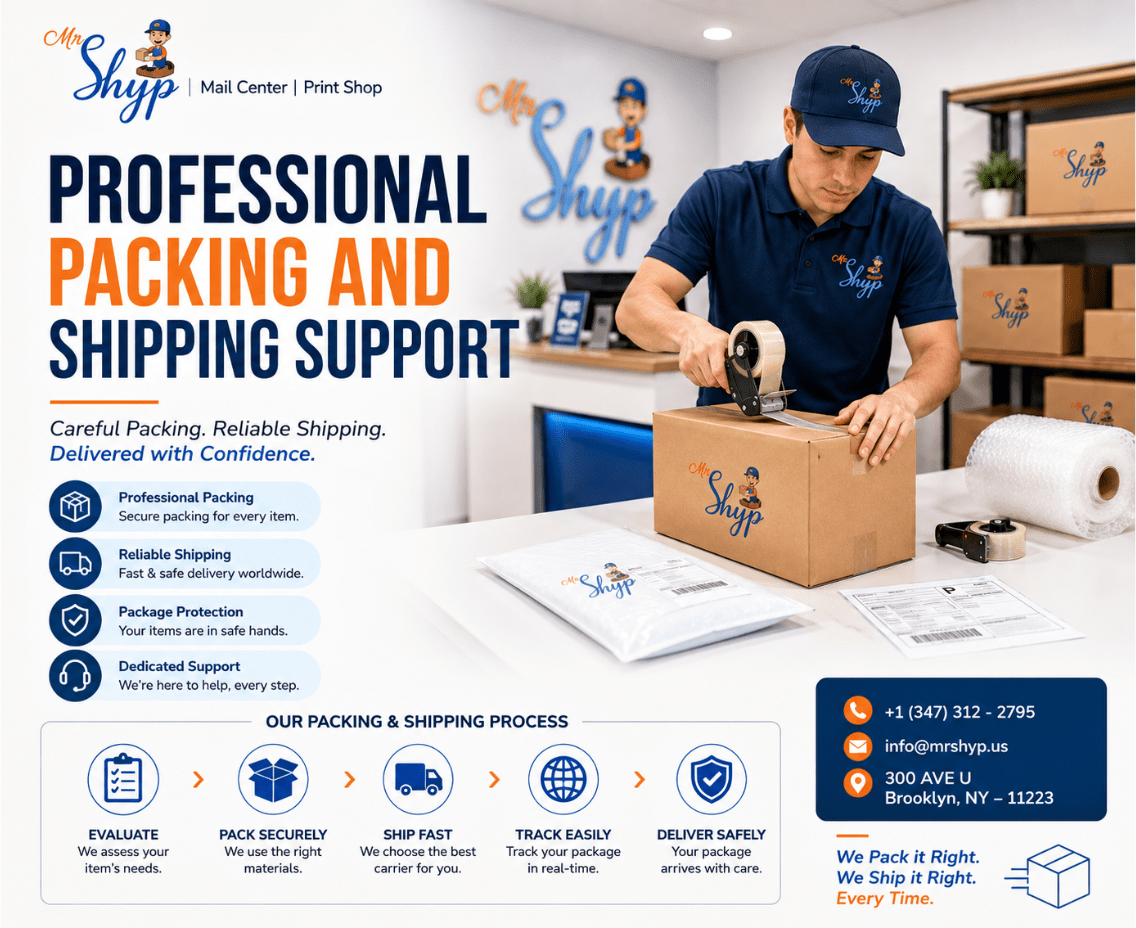 Professional packing and shipping support by Mr. Shyp in Brooklyn, NY, featuring secure package packing, shipping, tracking, and delivery services.