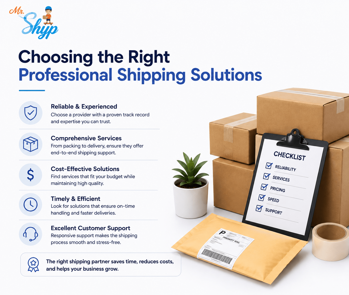 Choosing the right professional shipping solutions based on reliability, comprehensive services, cost-effectiveness, efficiency, and customer support.