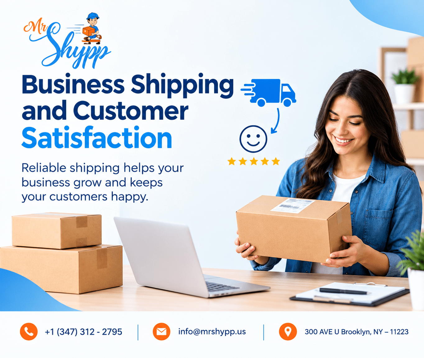 Business shipping and customer satisfaction promotional image for Mr Shypp.