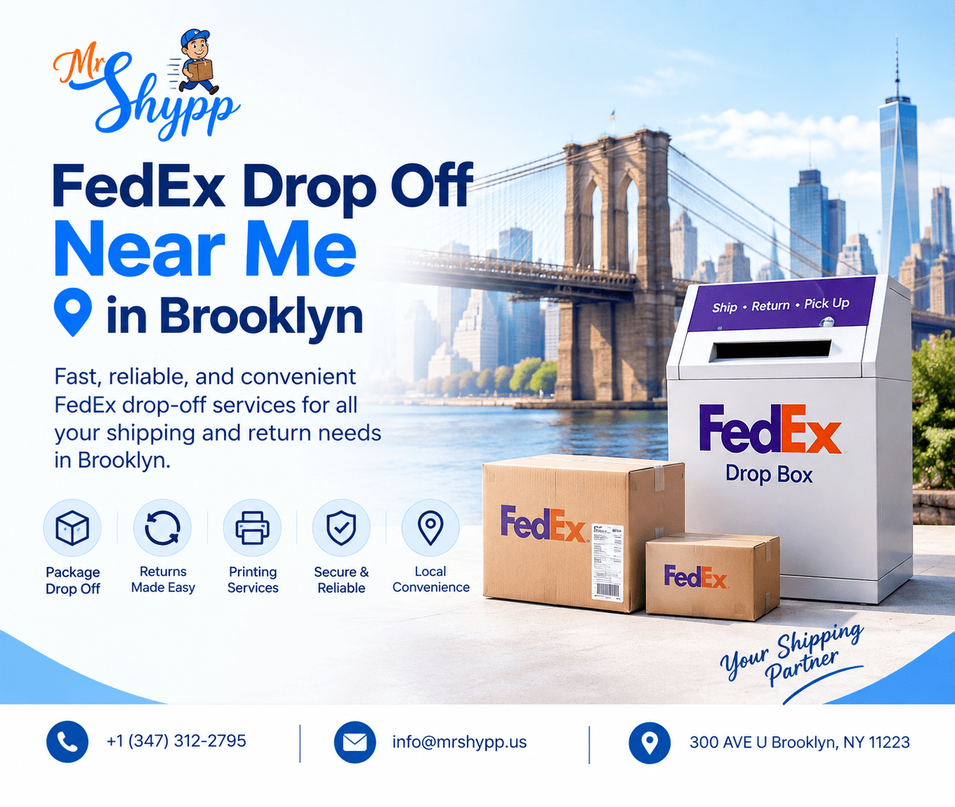 FedEx drop-off near me in Brooklyn for convenient shipping and package returns.