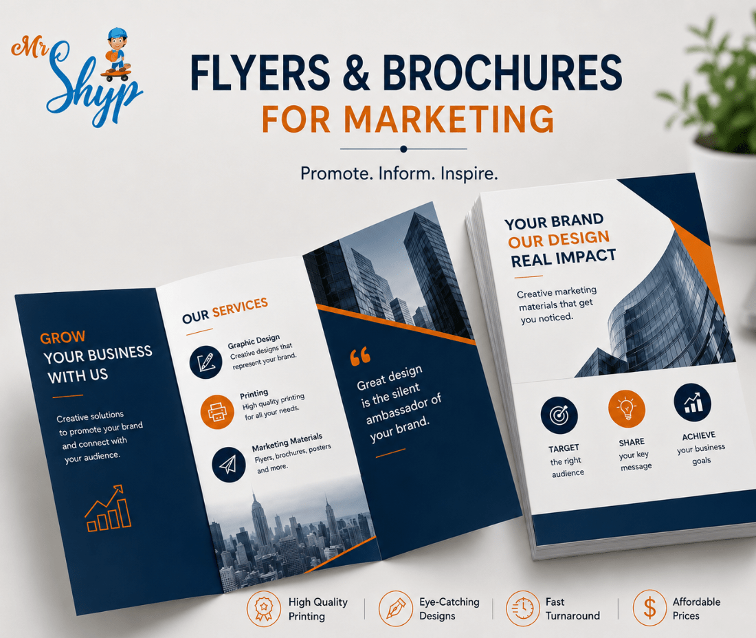 Flyers and brochures for marketing with professional graphic design and printing services by Mr. Shyp