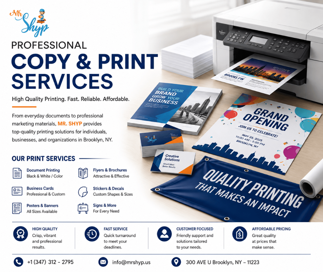 Professional copy and print services in Brooklyn by MR. SHYP, featuring printed business cards, brochures, flyers, posters, and banners.