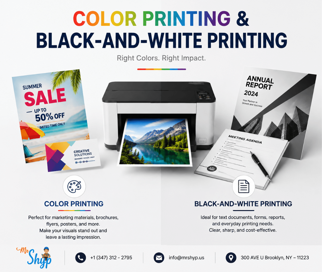 Color printing and black-and-white printing services by MR. SHYP, featuring a printer, colorful marketing materials, and professional document printing.