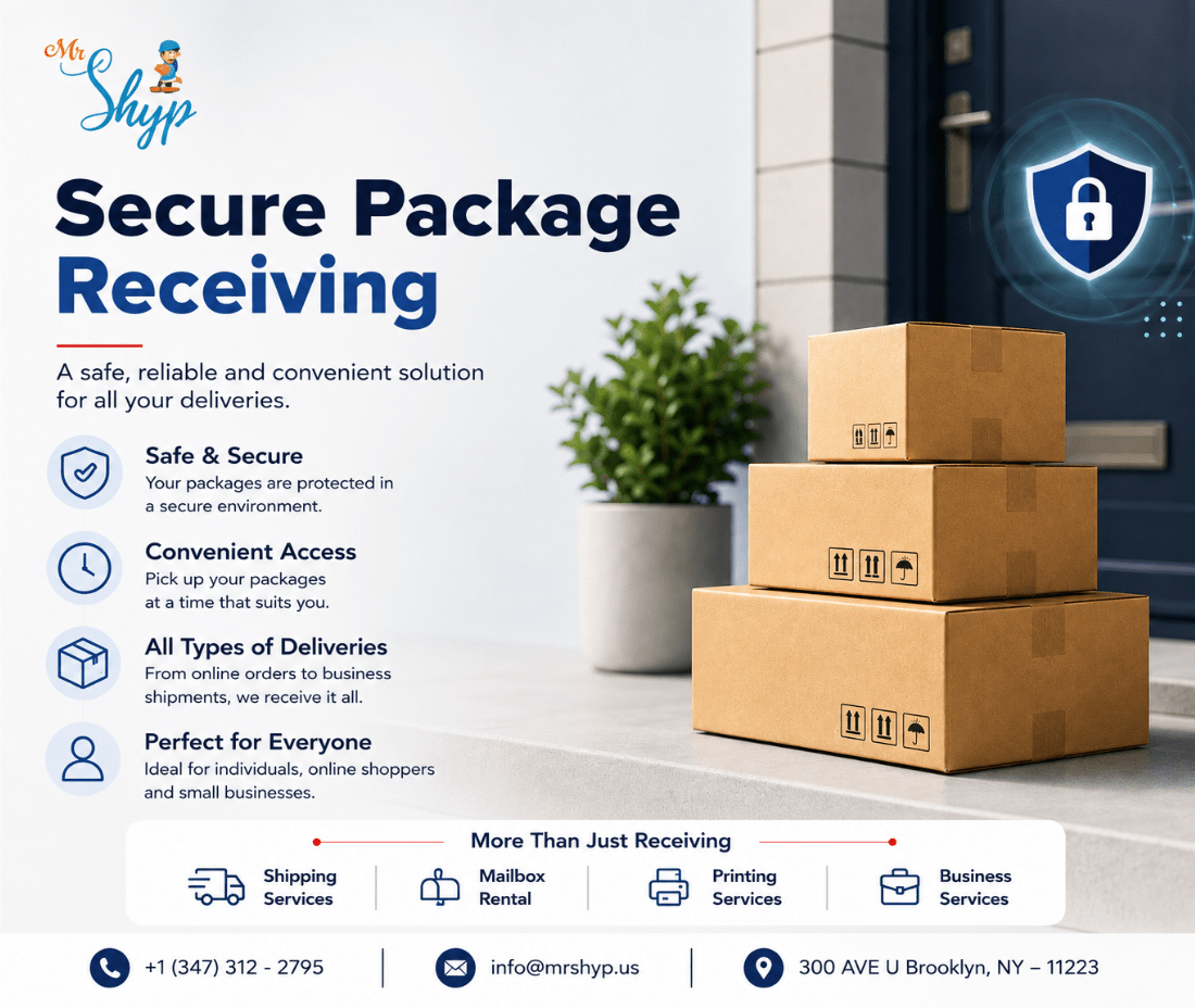 Secure Package Receiving service with stacked packages, security shield, and MR. Shyp branding.