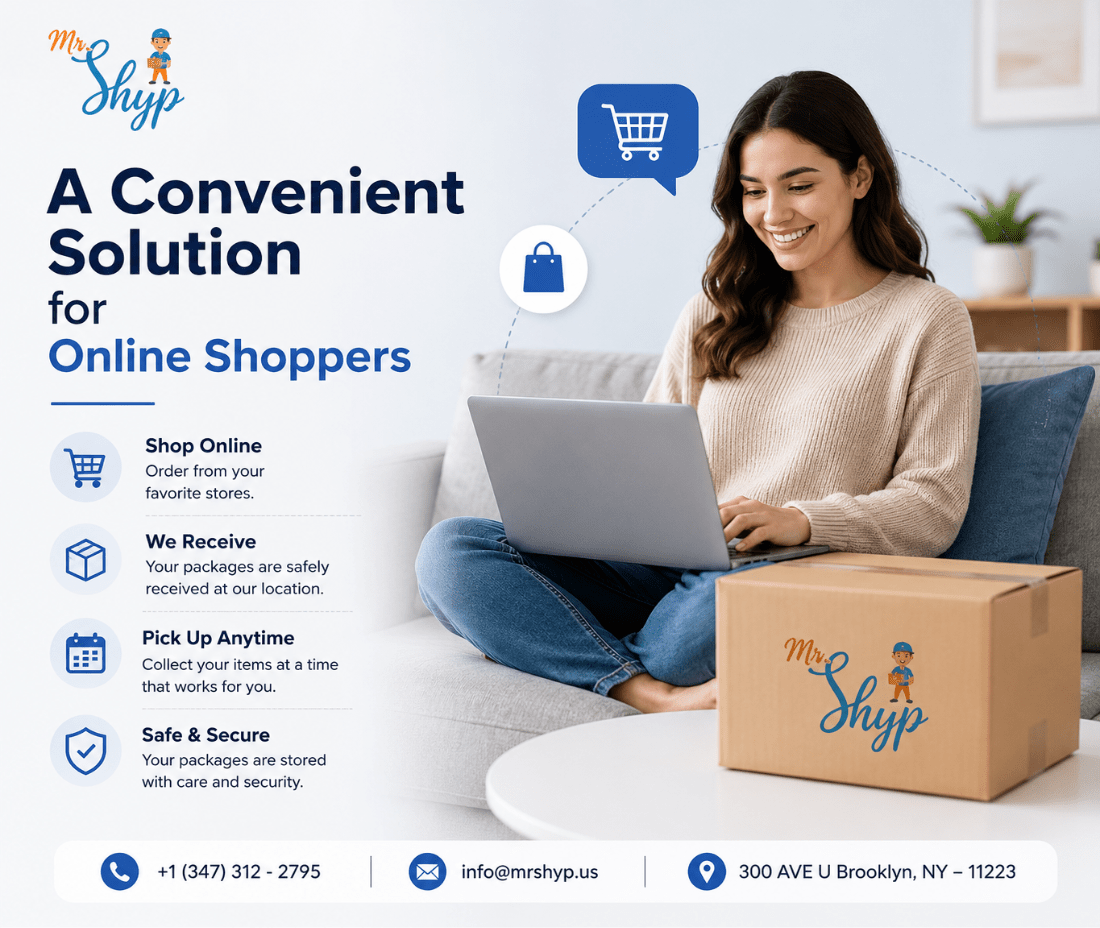 A convenient online shopping solution featuring secure package receiving, flexible pickup, and safe package storage by MR. Shyp.