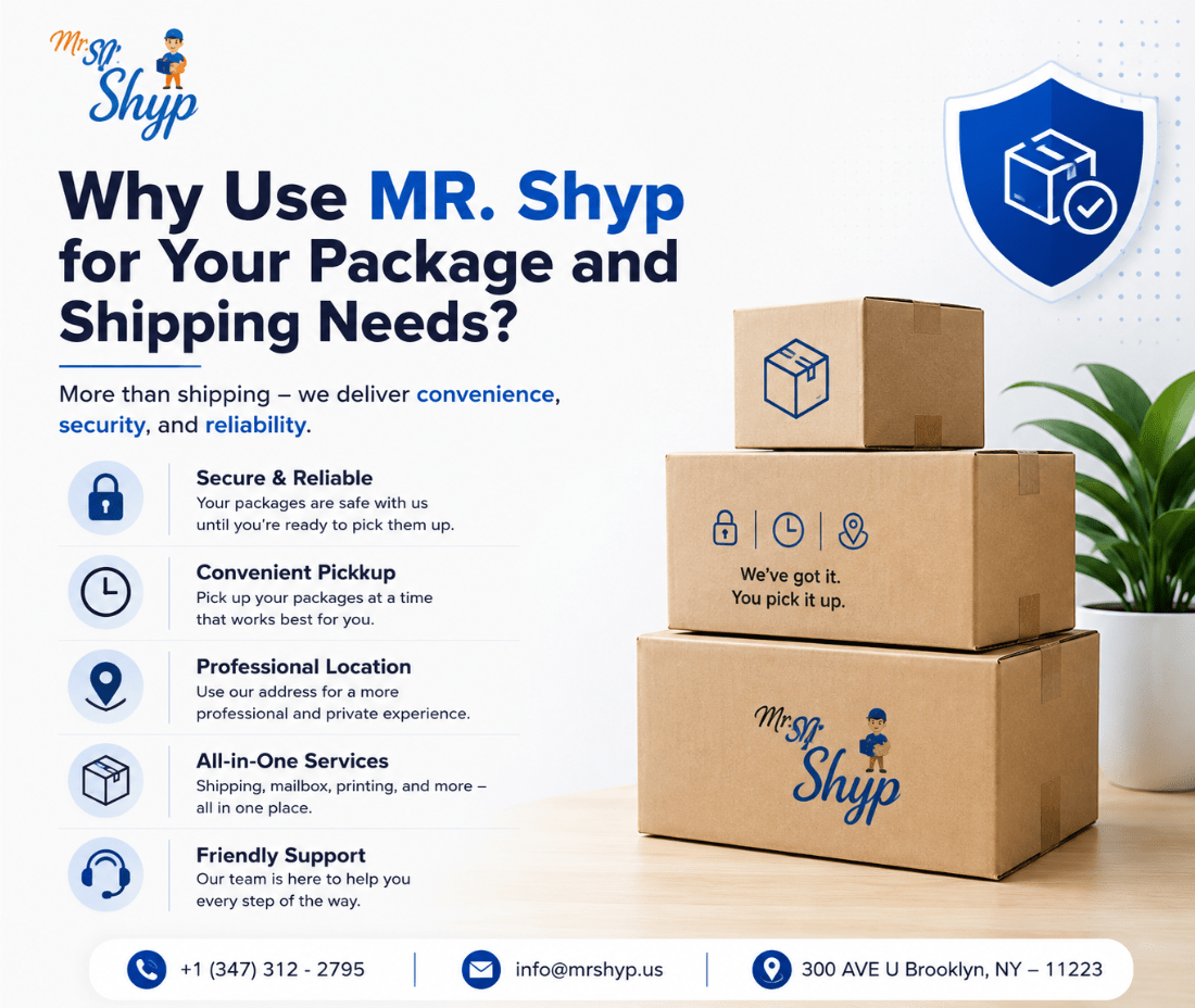 MR. Shyp package and shipping services with secure packages, convenient pickup, professional location, and all-in-one business services.