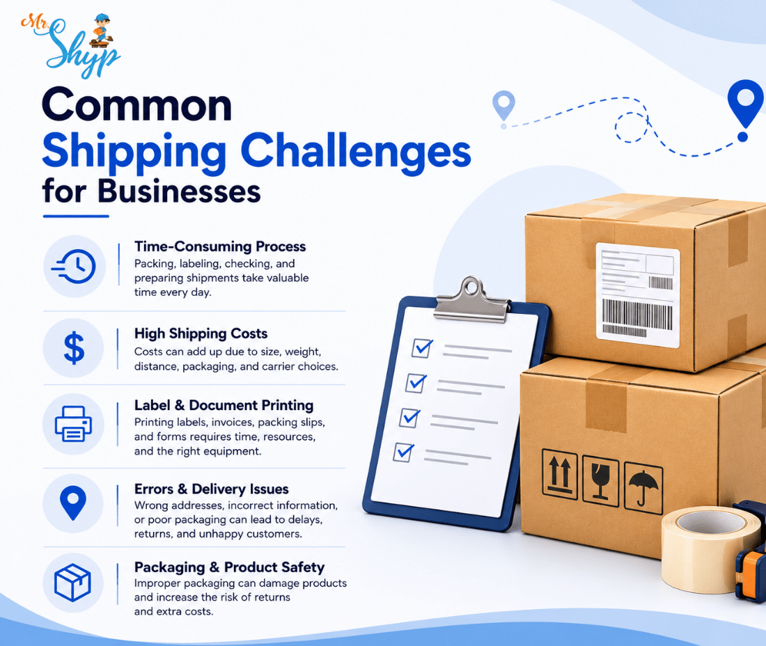 Common shipping challenges for businesses, including time-consuming processes, high shipping costs, label and document printing, delivery issues, and packaging risks.